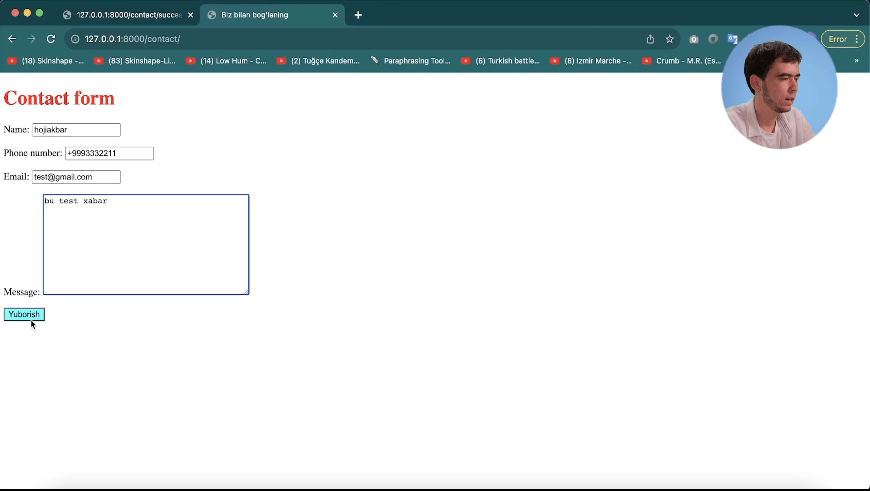 Forma to'ldirish, ma'lumotlarni adminga yuborish